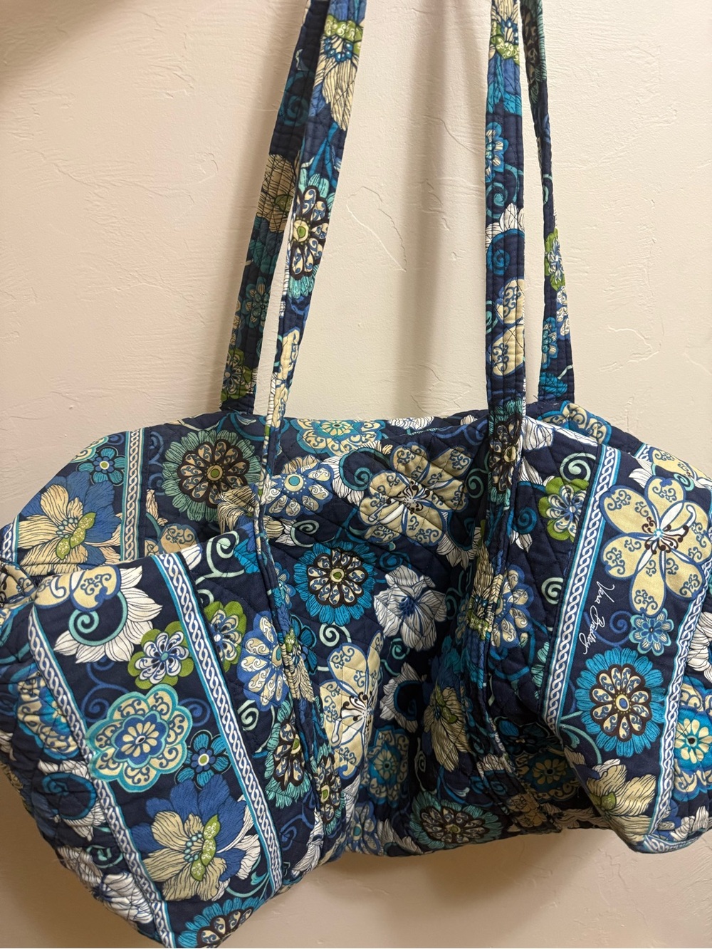 Vera Bradley Navy Quilted Floral Tote with Teal & Cream Accents. Good condition.